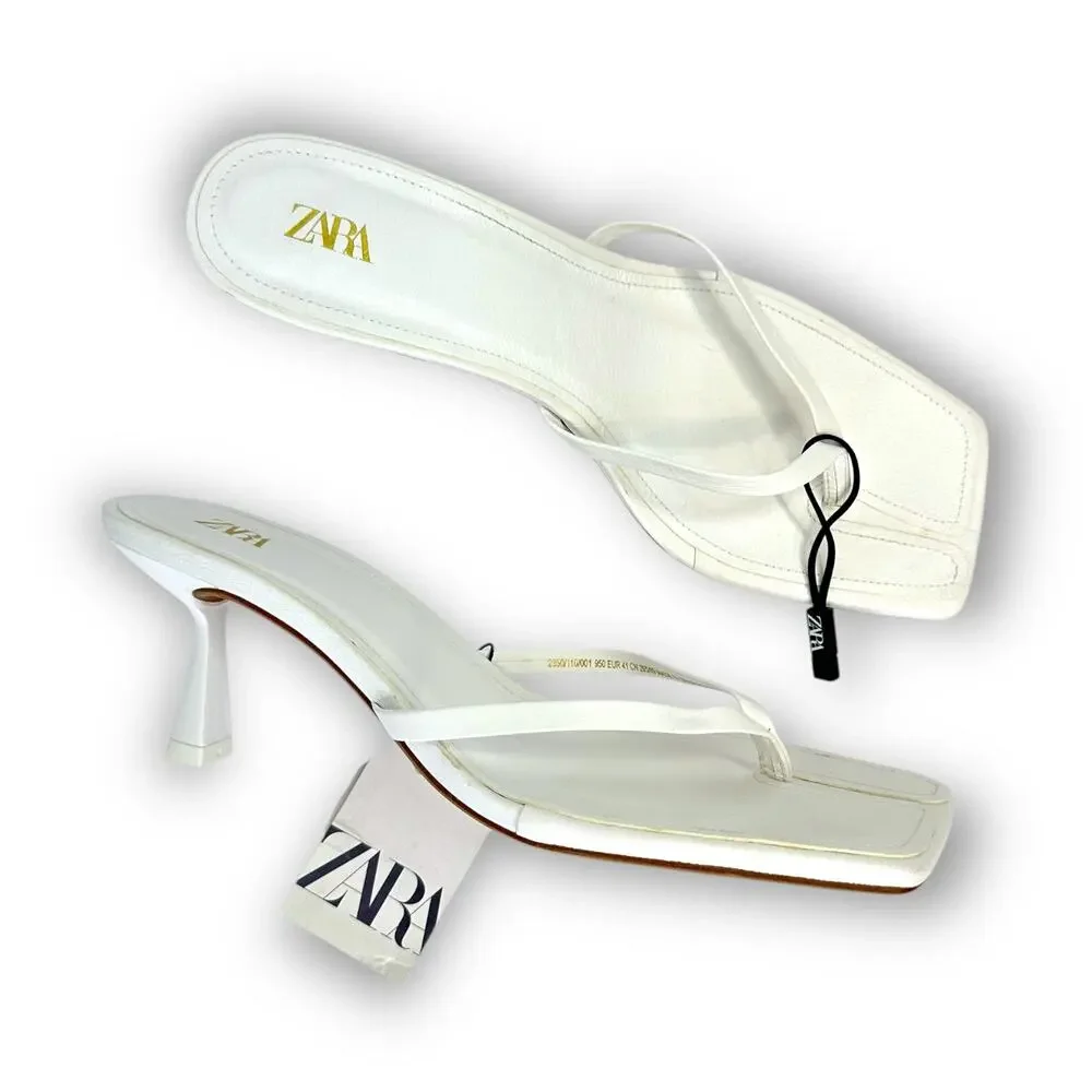 Zara Strappy Toe Post Heeled Leather Sandals Size EU 41 US 10 White Square Toe - Picture 14 of 14